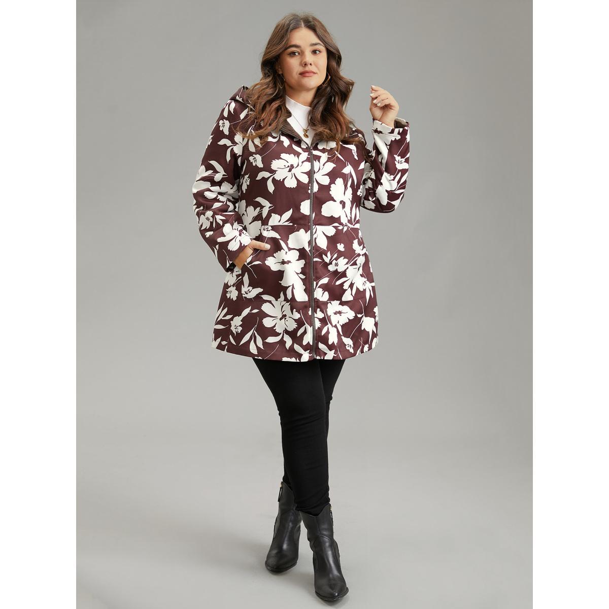 Plus Size Silhouette Floral Print Fuzzy Zipper Hooded Coat Women Scarlet Casual Lined Ladies Dailywear Winter Coats BloomChic 18-20/2X Product Image