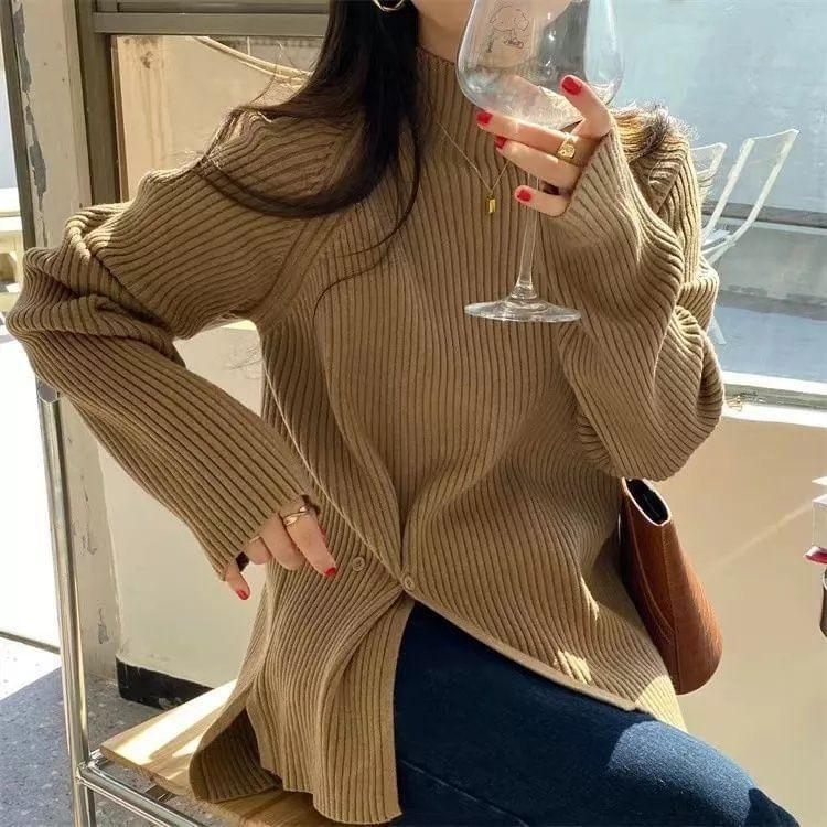 Mock Neck Plain Buttoned Slit Sweater Product Image