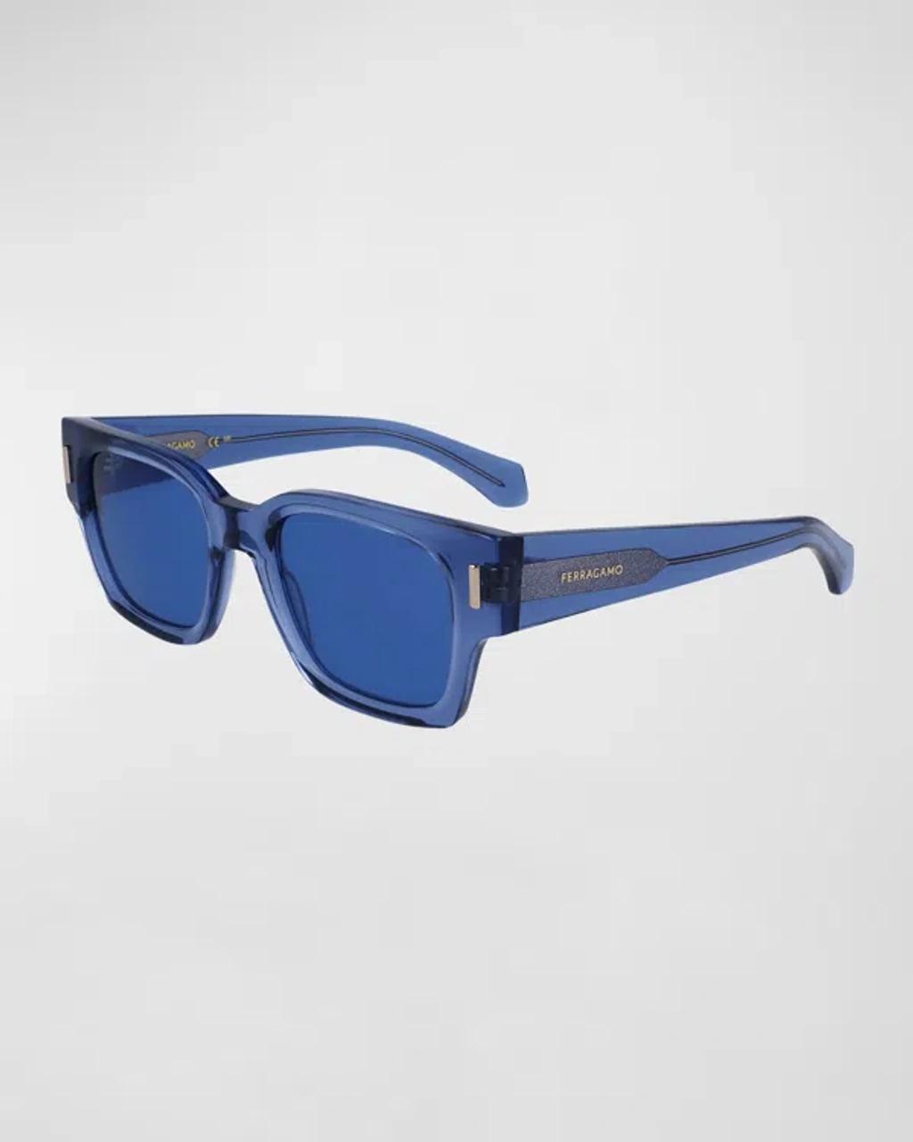 FERRAGAMO Men's Rivets Acetate Rectangle Sunglasses, 52mm In Transparent Blue Product Image
