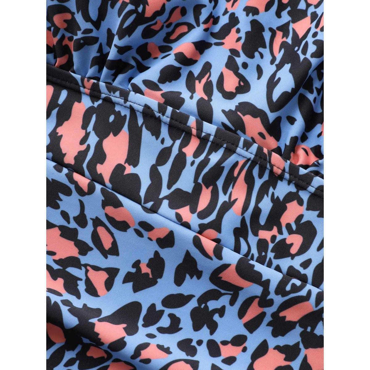 Plus Size Leopard Print Gathered See Through One Piece Swimsuit Women's Swimwear Cerulean Beach Gathered Curve Bathing Suits High stretch One Pieces BloomChic 12/L Product Image