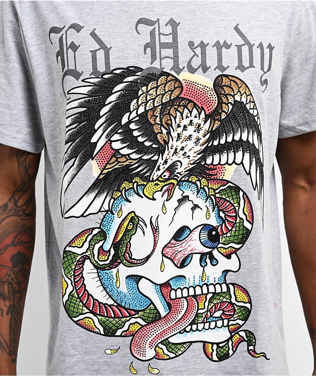 Ed Hardy Rhinestone Battle Heather Grey T-Shirt Product Image