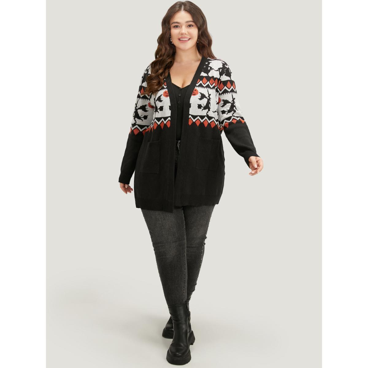 Plus Size Halloween Geo & Witch Print Open Front Cardigan Black Women Casual Loose Long Sleeve Festival-Halloween Cardigans BloomChic 12/L Product Image