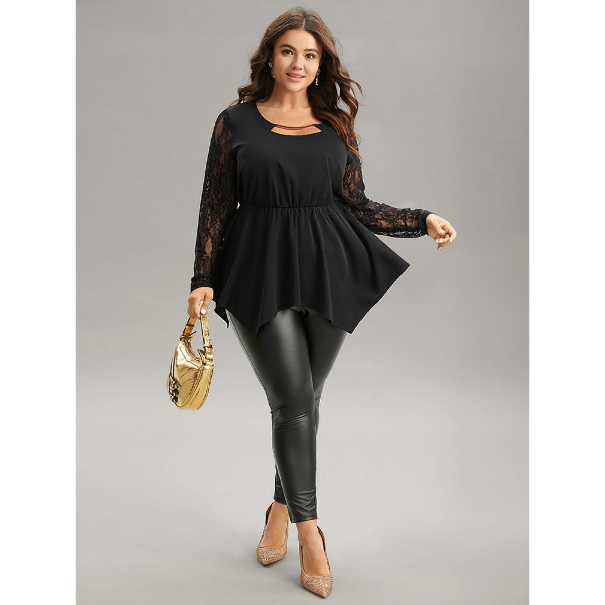 Plus Size Black Guipure Lace Metal Detail Cut Out Hanky Hem Blouse Women Glamour Long Sleeve Round Neck Party Blouses BloomChic 12/L Product Image