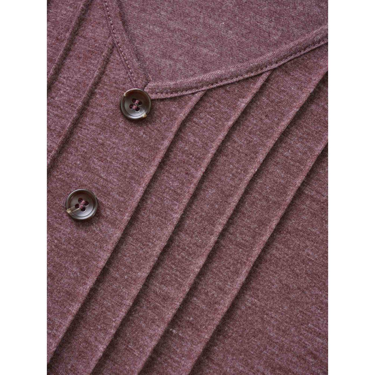 Plus Size Solid Pleated Front Button Detail V Neck T-shirt Mauve Women Casual Button Plain Everyday T-shirts BloomChic 12/L Product Image