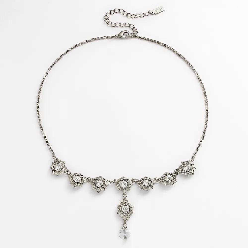 1928 Silver Tone Simulated Crystal Flower Y Necklace, Womens White Product Image