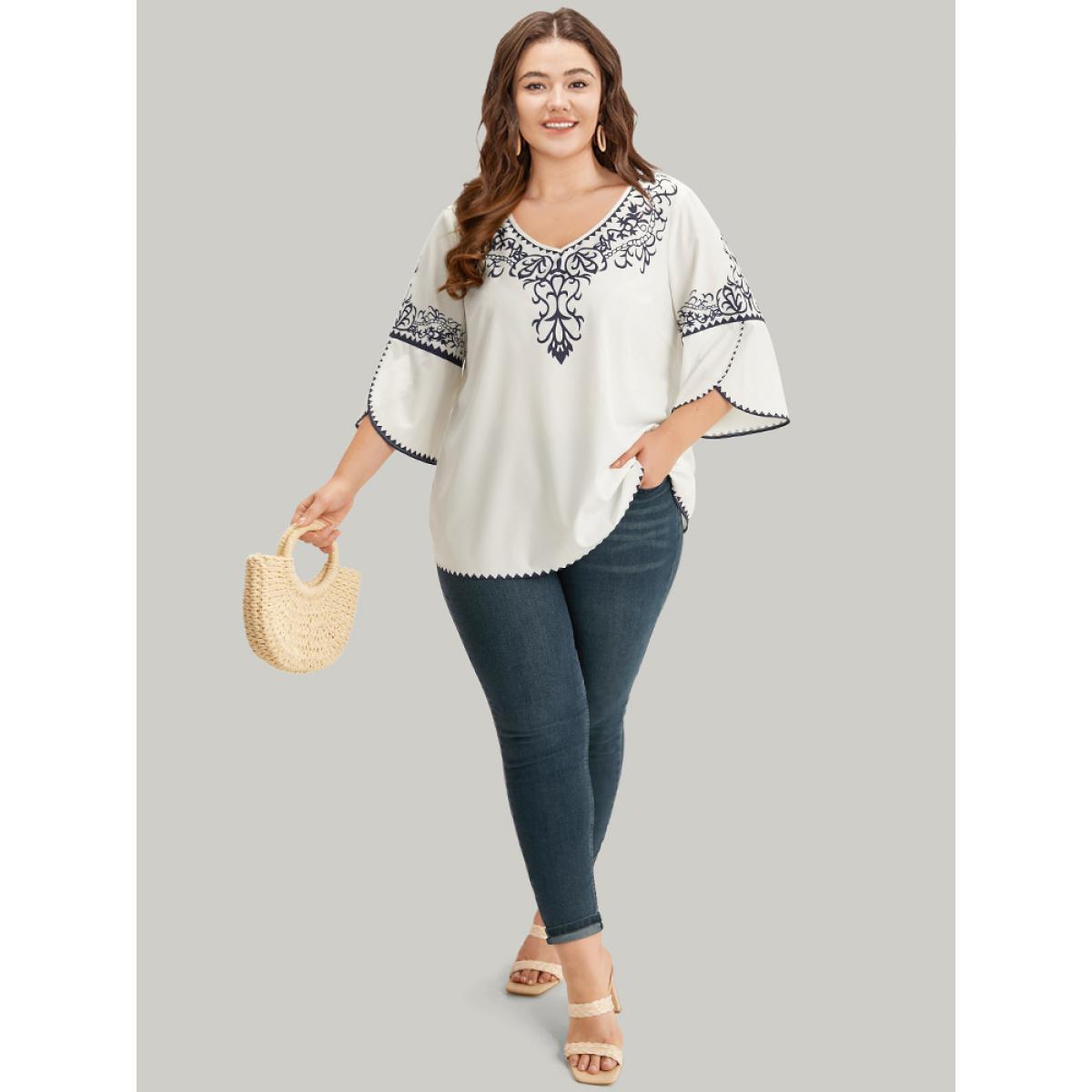 Plus Size WhiteSmoke Boho Print V Neck Petal Sleeve Blouse Women Vacation Elbow-length sleeve V-neck Dailywear Blouses BloomChic 18-20/2X Product Image