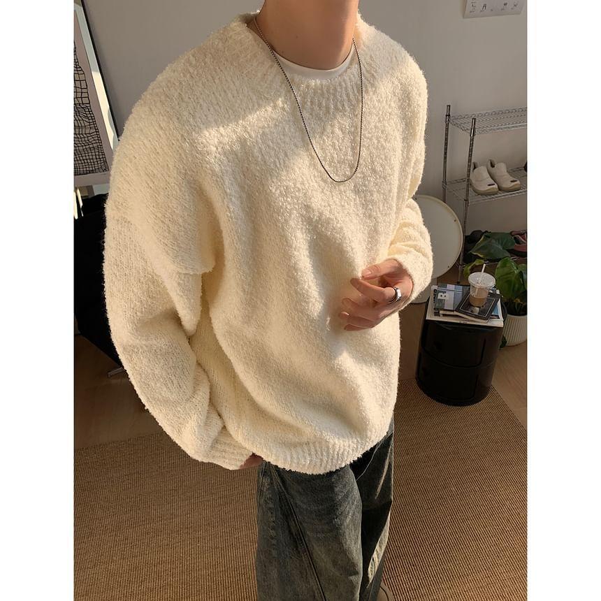 Long-Sleeve Crew Neck Plain Sweater Product Image