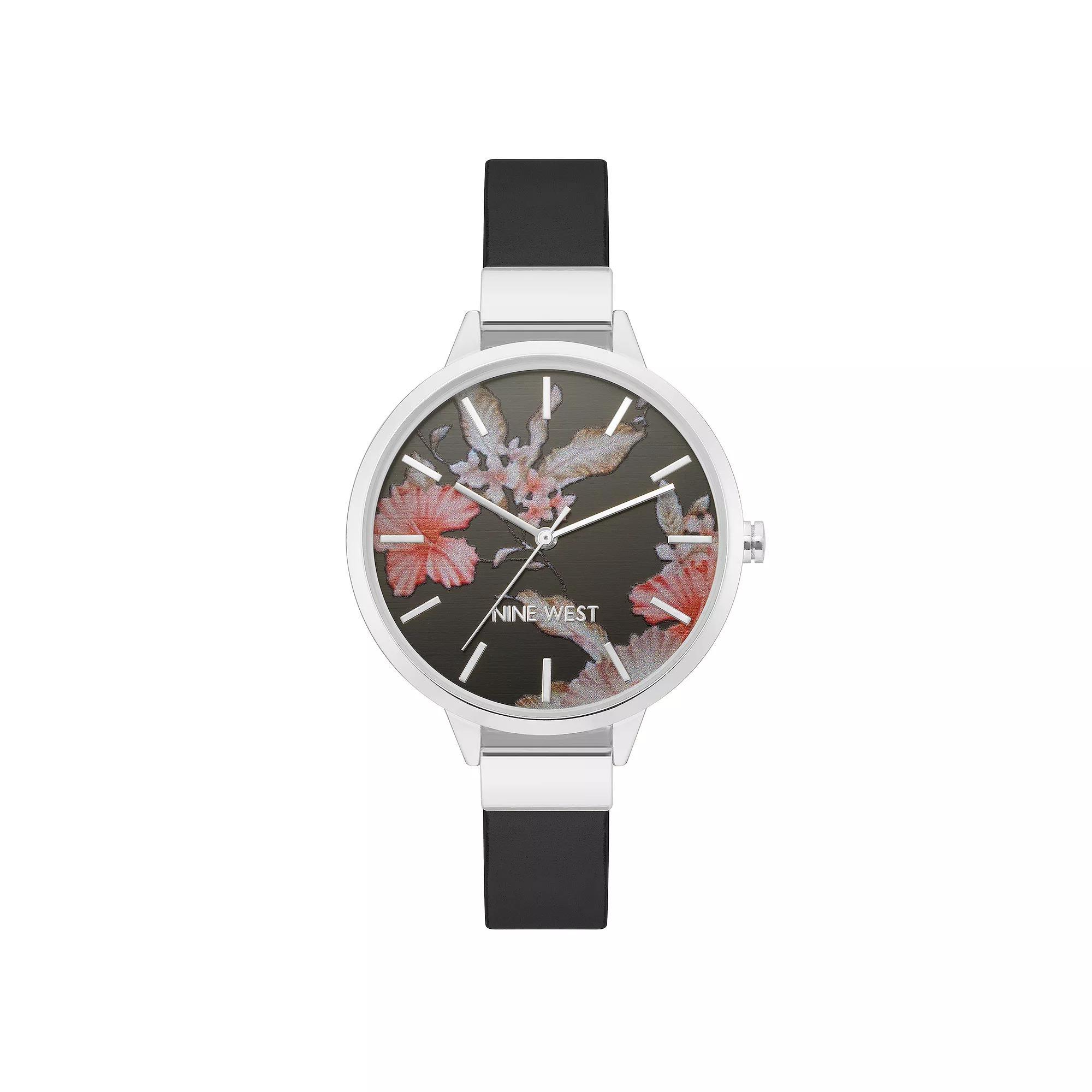 Nine West Women's Black Strap Watch with Flower Dial, Size: Medium Product Image
