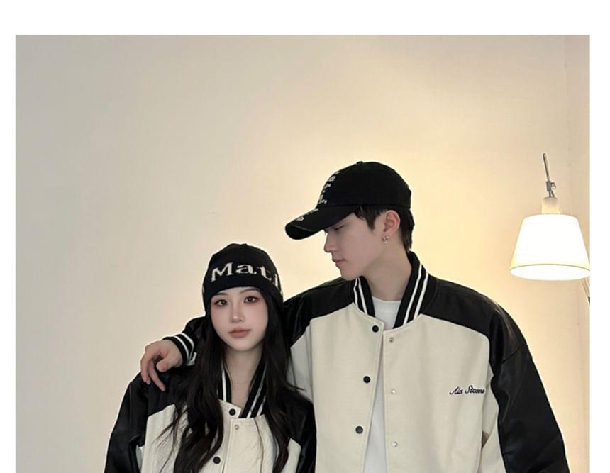 Couple Matching Lettering Two Tone Faux Leather Single-Breasted Baseball Jacket Product Image