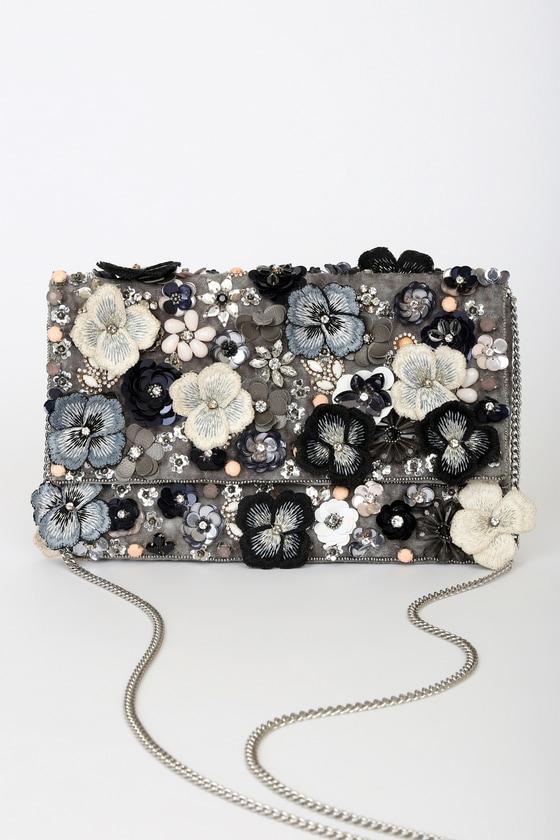 Blossom With Style Grey Velvet Multi Floral Sequin Beaded Clutch Product Image