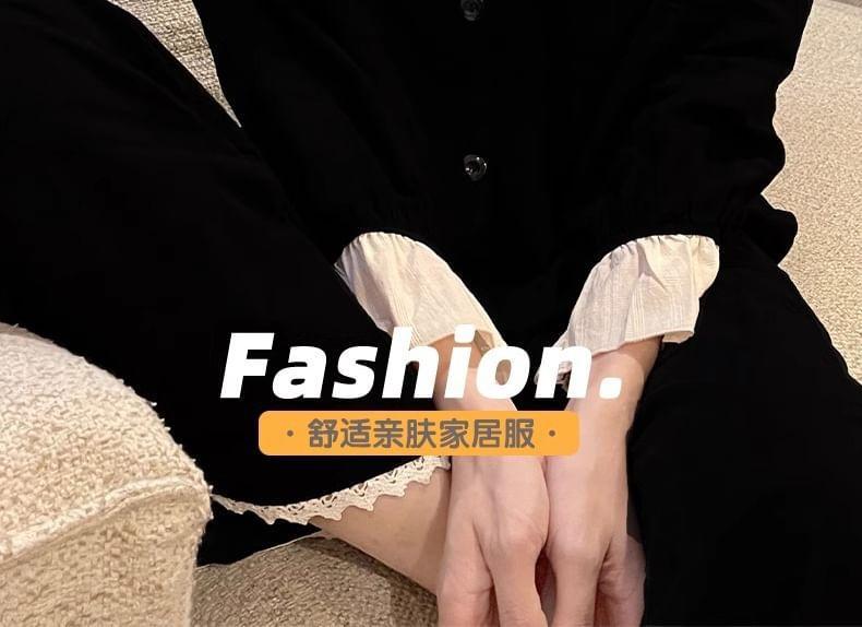 Pajama Set: Long-Sleeve Collar Two Tone Butterfly Applique Button Top + Slit Hem Pants Product Image