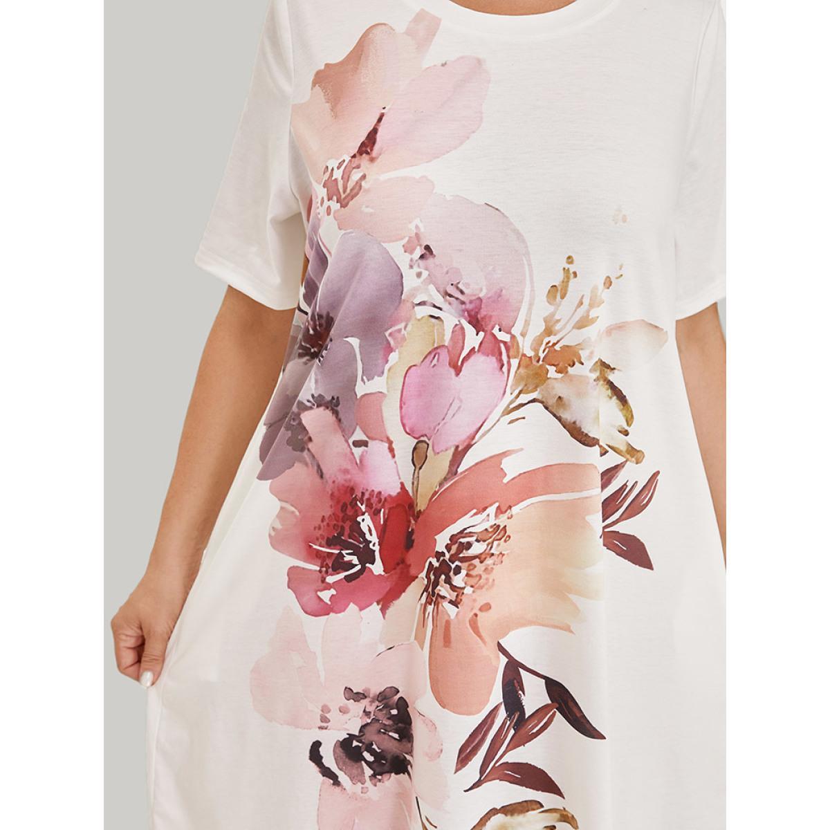 Plus Size Floral Print Pocket Contrast Midi Dress White Women Casual Pocket Round Neck Short sleeve Curvy Midi Dress BloomChic 26/4X Product Image