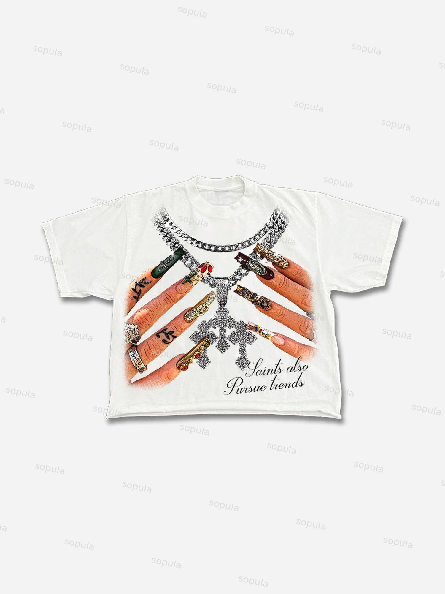 Vintage Cross Necklace, Nail Art Graphic Cropped T-shirt Product Image