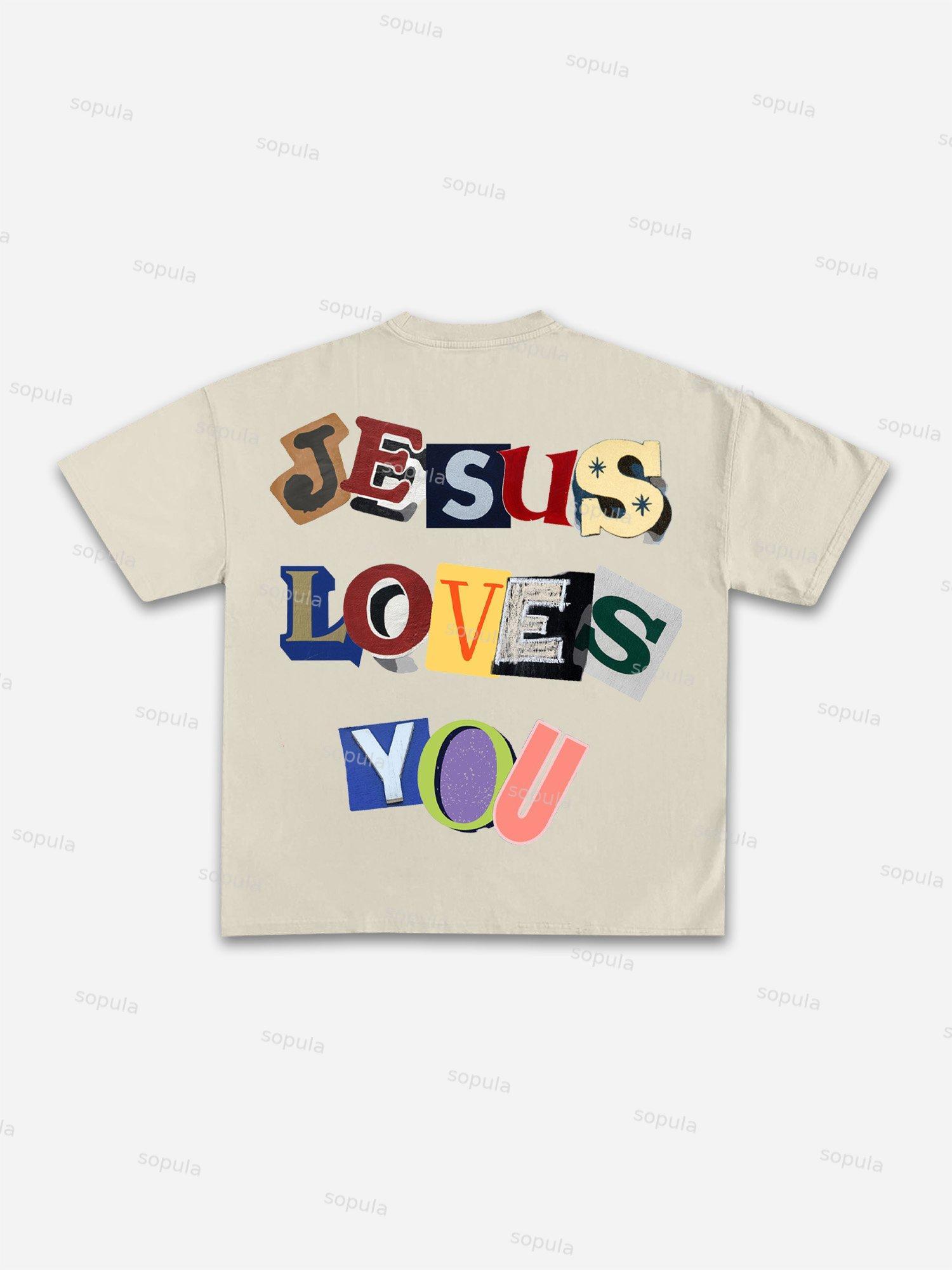 Jesus Loves You Collage Graphic Cotton T-shirt Product Image