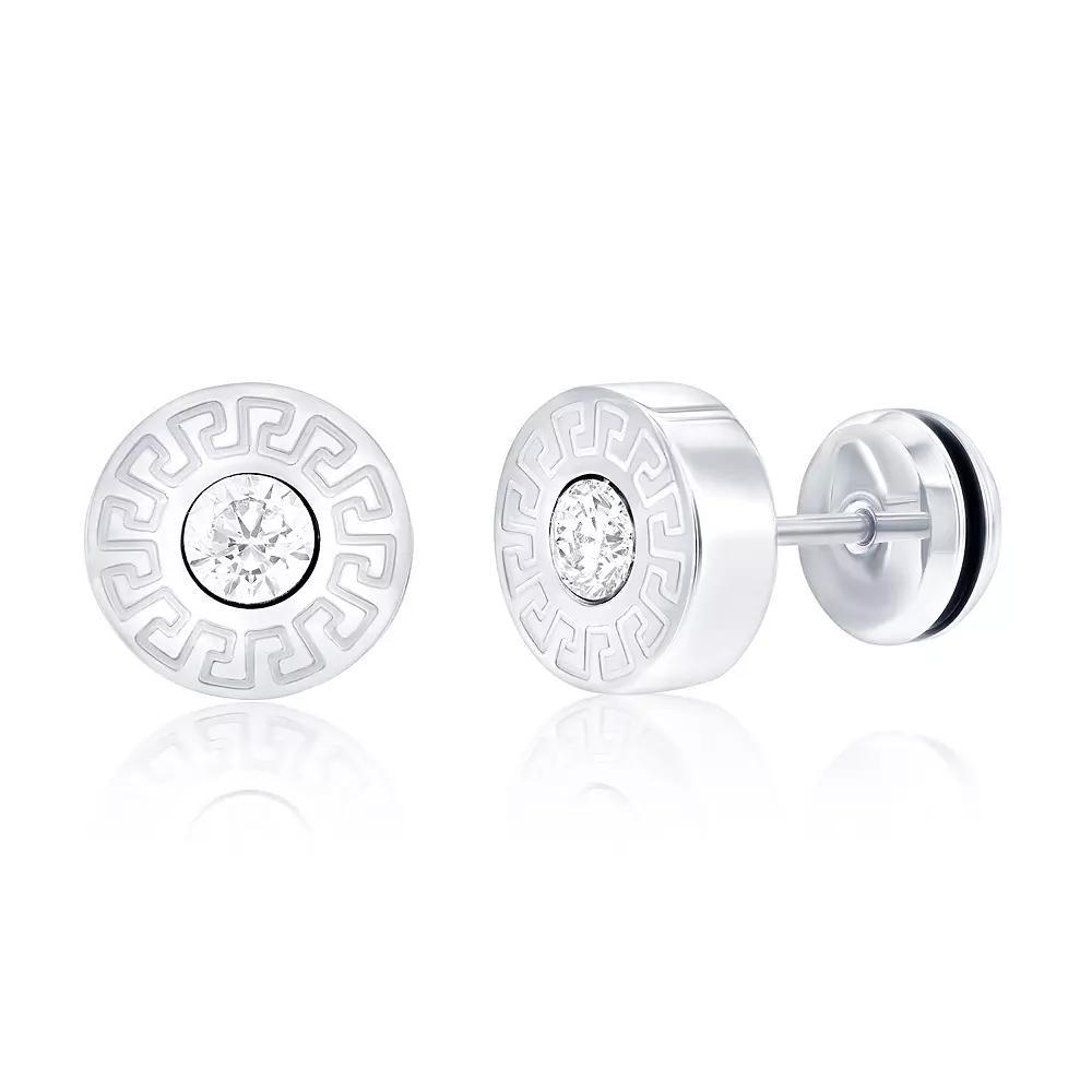Men's Metallo Stainless Steel Cubic Zirconia 10 mm Round Greek Key Stud Earrings, Stainless White Product Image