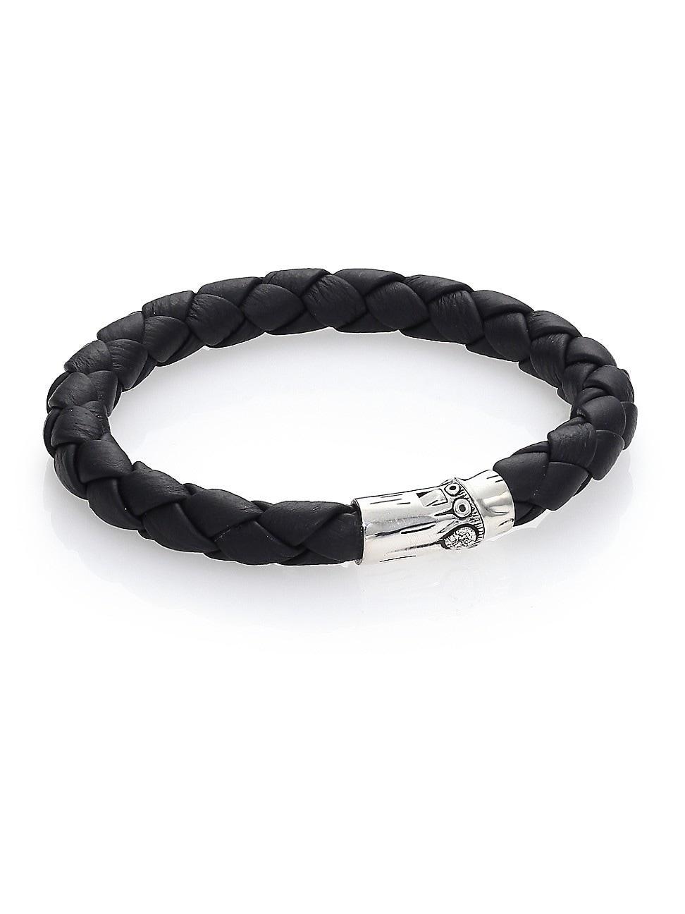 Mens Bamboo Sterling Silver, Diamond & Leather Station Bracelet Product Image
