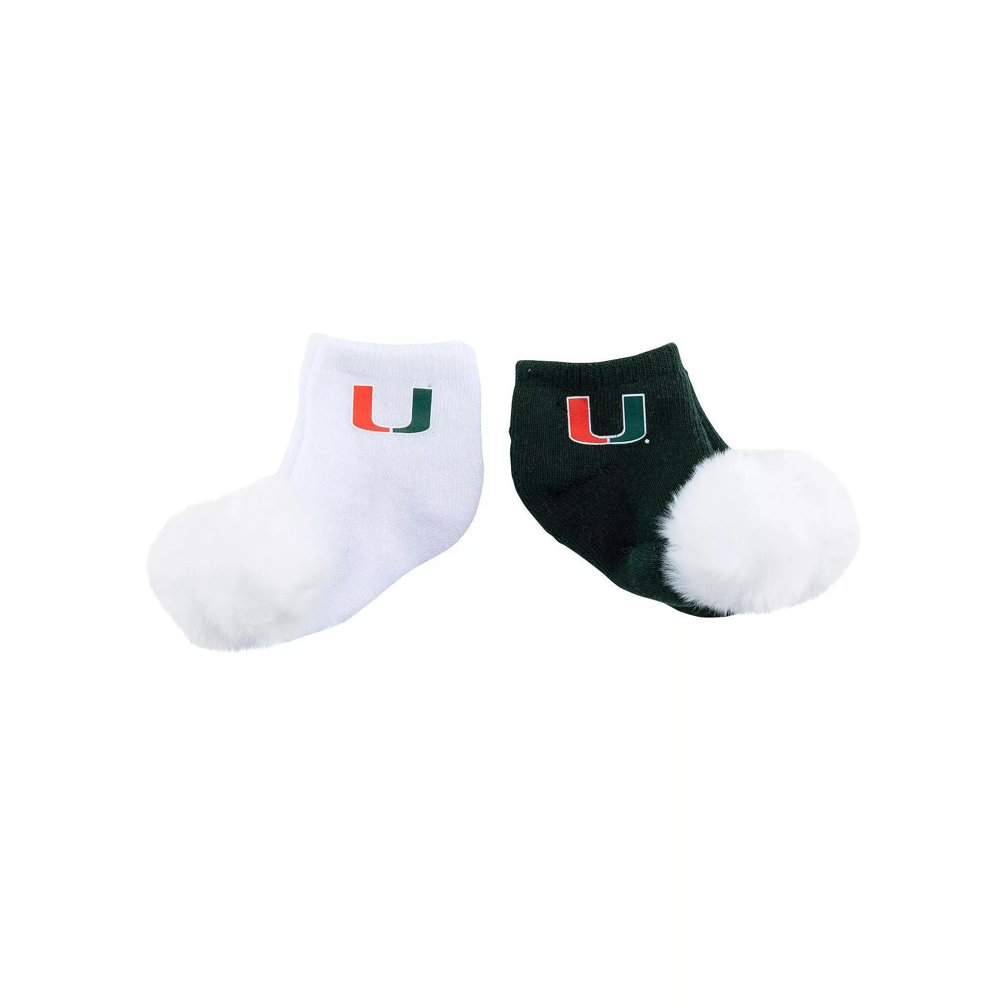 Infant ZooZatz Miami Hurricanes Two-Pack Pom Socks, Men's, Green Product Image