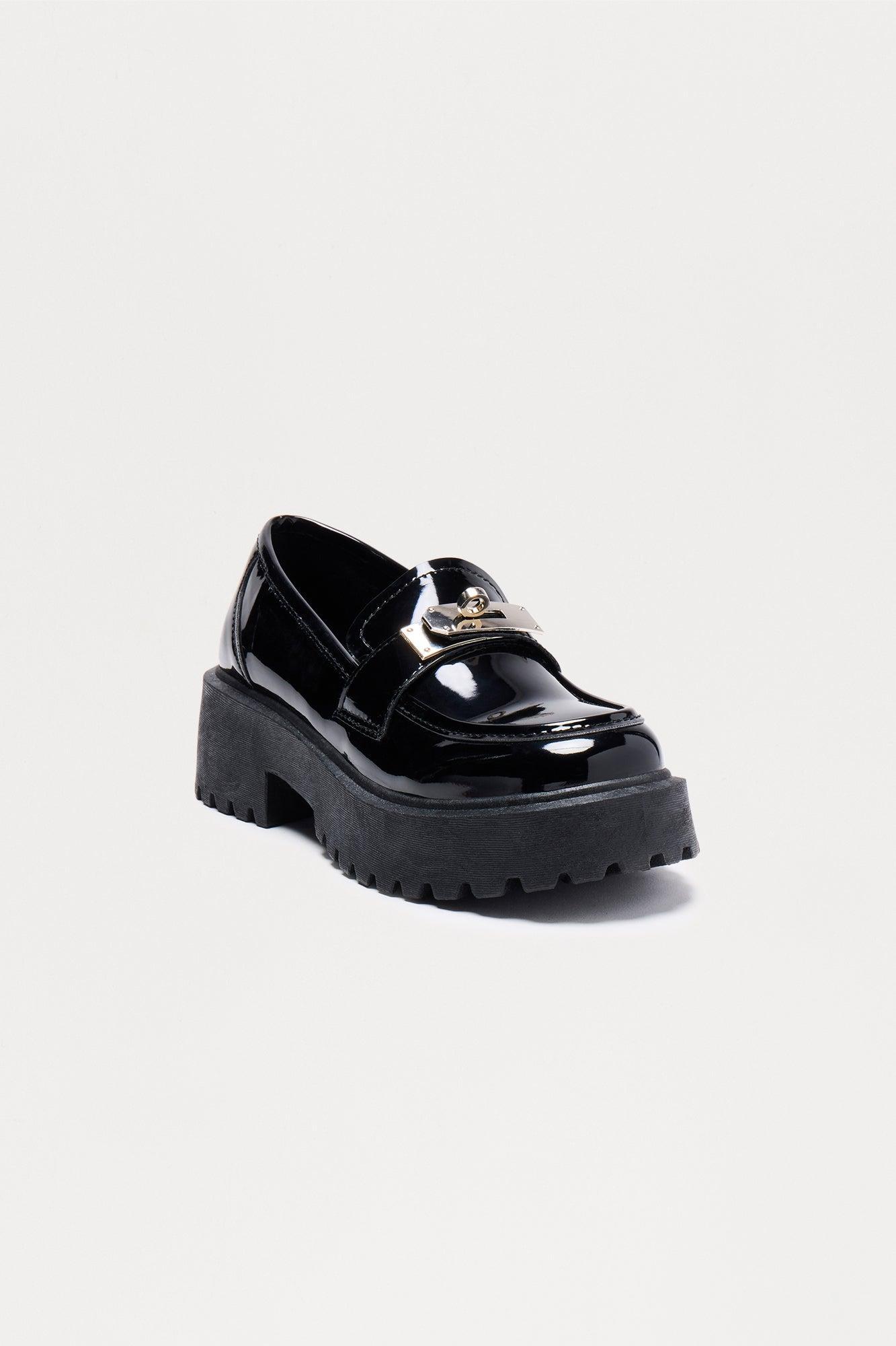 Melda Hardware Faux Patent Platform Loafers - Black Product Image