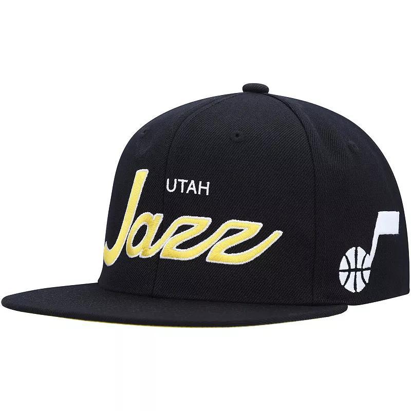 Men's Mitchell & Ness Black Utah Jazz Hardwood Classics Script 2.0 Snapback Hat, Jaz Black Product Image