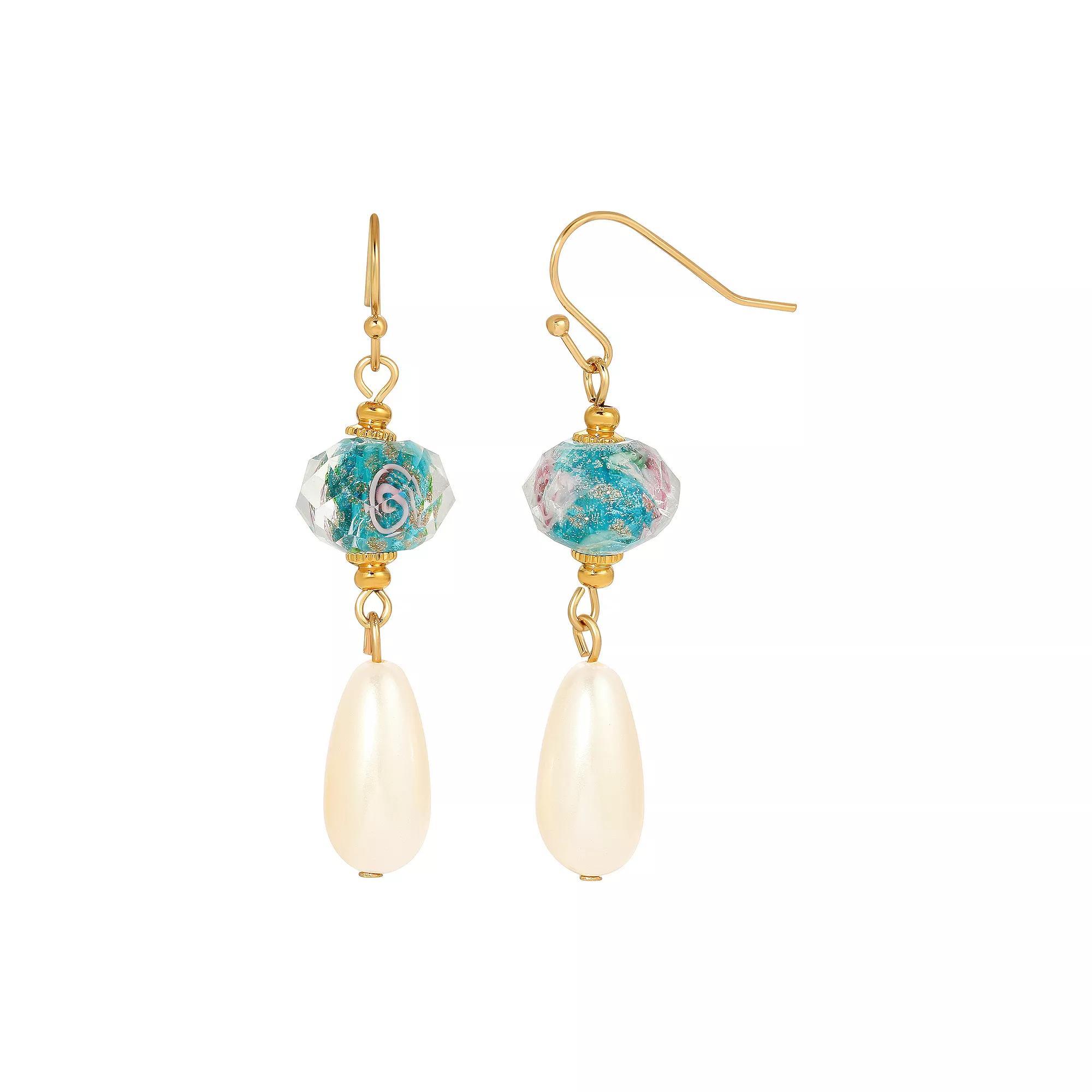 1928 Gold Tone Simulated Crystal and Pearl Drop Earrings, Womens, Blue Product Image