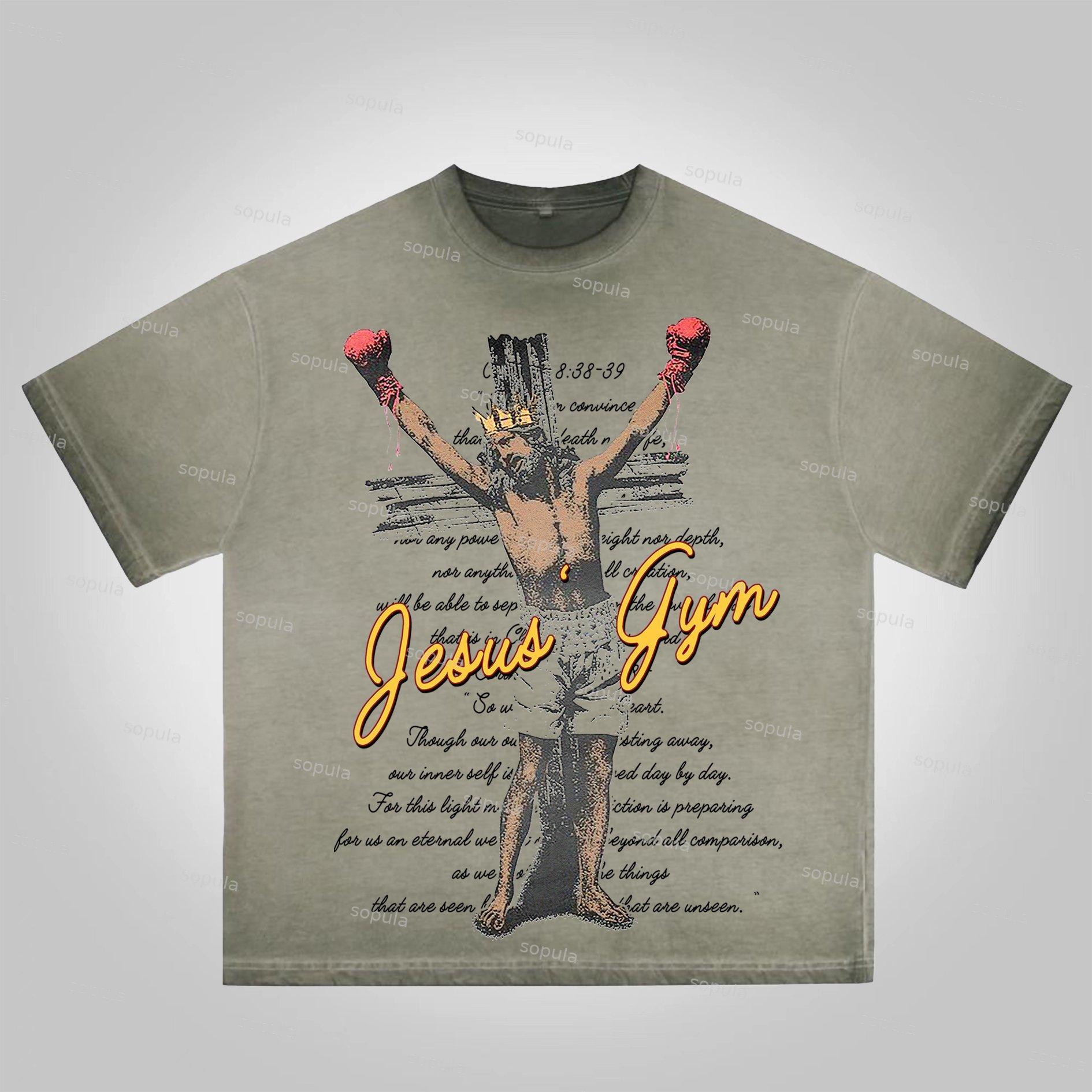 Sopula Vintage Jesus' Gym Bible Graphic Print Washed Cotton T-Shirt Product Image