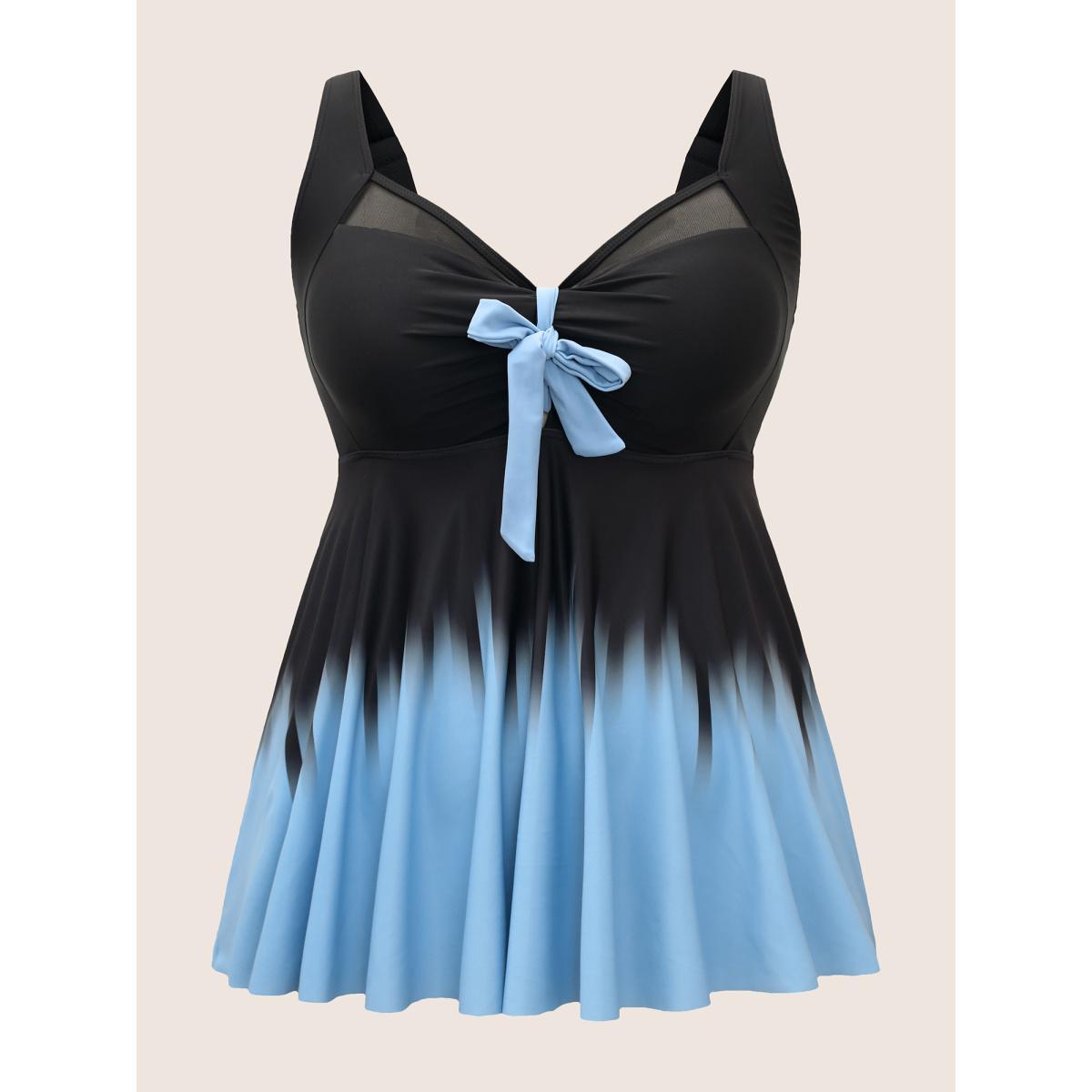 Plus Size Ombre Bowknot Ruched Mesh Patchwork Swim Top Women's Swimwear Black Beach Tie knot High stretch Bodycon Heart neckline Curve Swim Tops BloomChic 18-20/2X Product Image