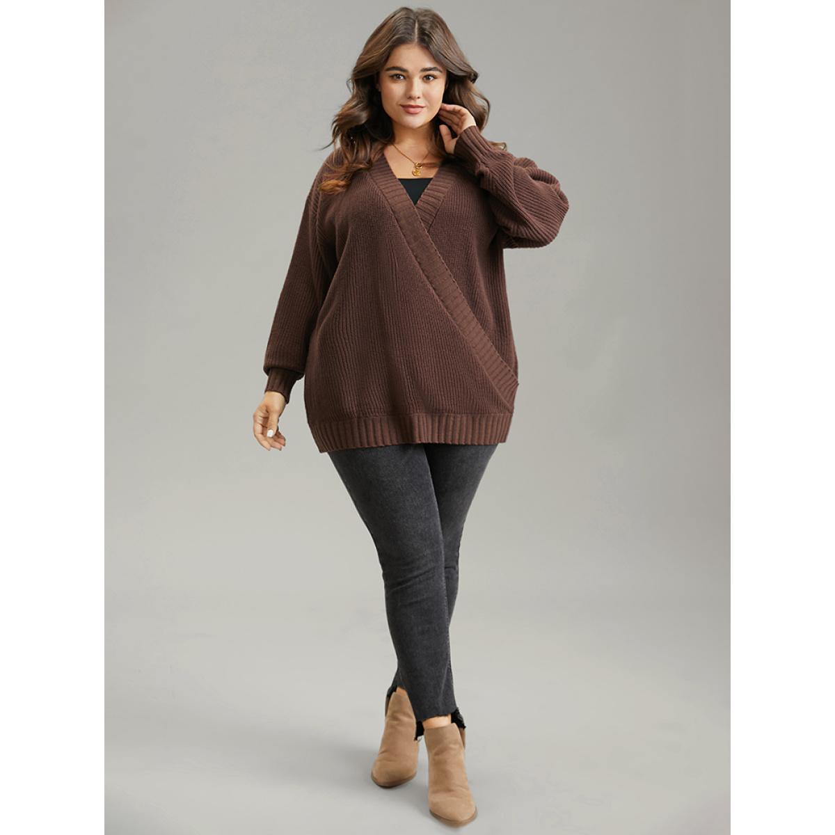 Plus Size Solid Surplice Neck Elastic Cuffs Pullover DarkBrown Women Casual Loose Long Sleeve V-neck Dailywear Pullovers BloomChic 30/6X Product Image