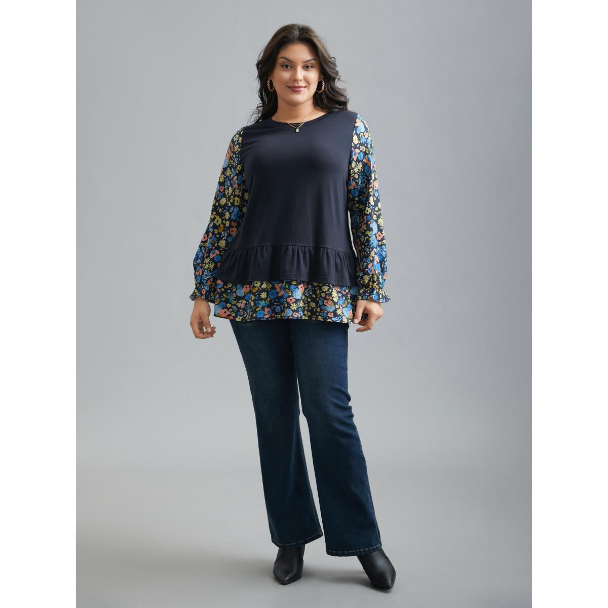 Plus Size Floral Spliced Tiered Hem T-Shirt Indigo Women Elegant Contrast Natural Flowers Round Neck Everyday T-shirts BloomChic 30/6X Product Image