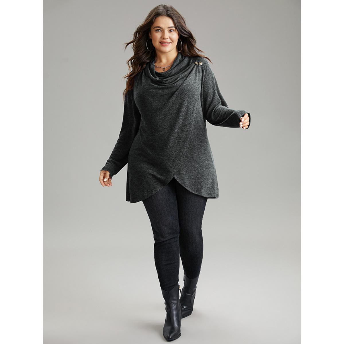 Plus Size Plain Heather Cowl Neck Button Detail Sweatshirt Women DarkGray Casual Overlapping Cowl Neck Everyday Sweatshirts BloomChic 12/L Product Image