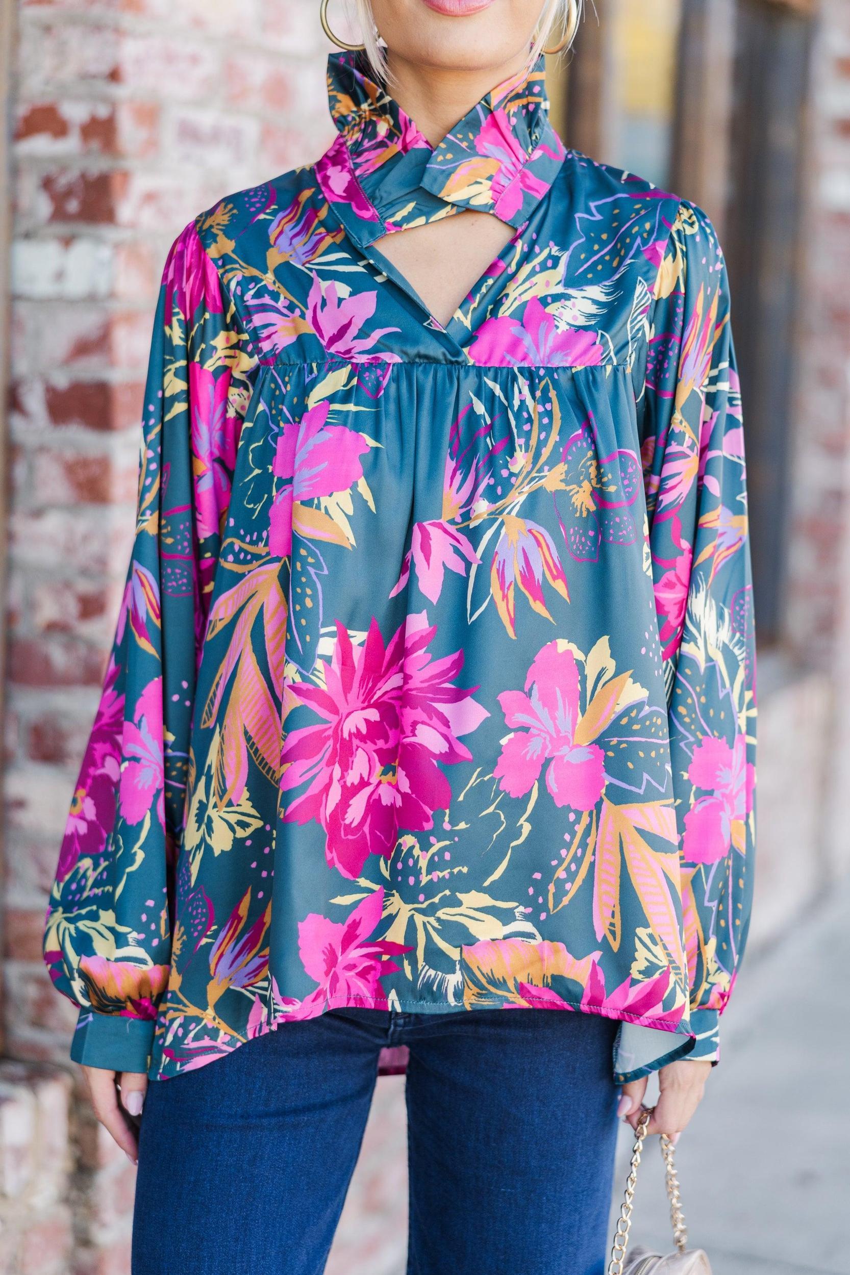 Always With Love Pink & Teal Floral Blouse Female Product Image