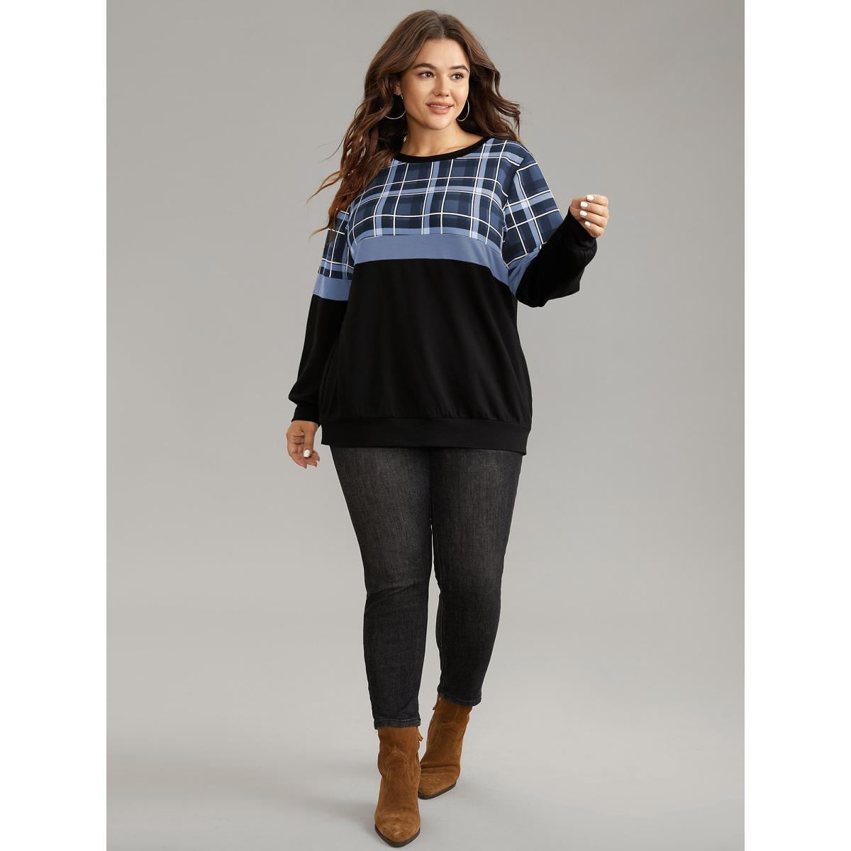 Plus Size Colorblock Plaid Contrast Crew Neck Sweatshirt Women Stone Casual Contrast Round Neck Dailywear Sweatshirts BloomChic 10/M Product Image