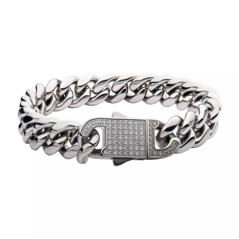 Stainless Steel Curb Chain & Cubic Zirconia Clasp Bracelet, Men's, Size: 8.5", Silver Tone Product Image