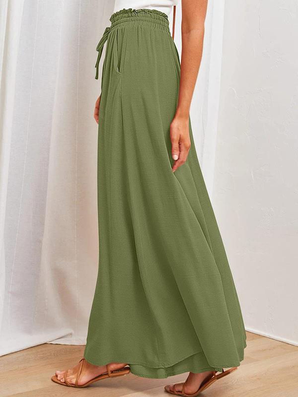 High Waisted Loose Drawstring Elasticity Pockets Solid Color Pants Trousers Product Image