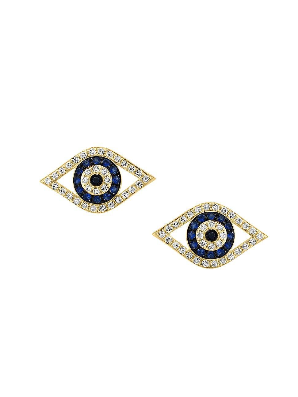 Womens 14K Yellow Gold, Blue Sapphire & 0.21 TCW Diamond Evil Eye Stud Earrings Product Image