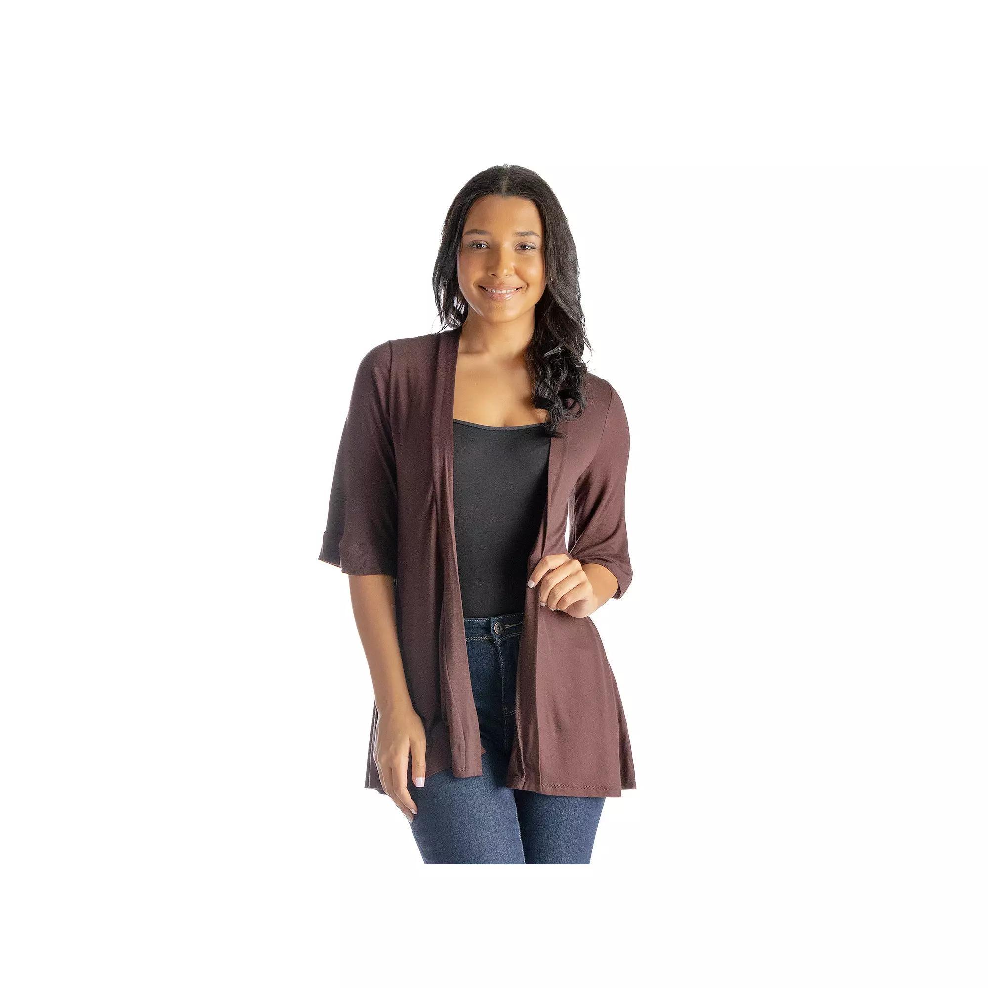 Women's 24Seven Comfort Apparel Open Front Elbow Length Sleeve Cardigan, Size: Large, Red Product Image