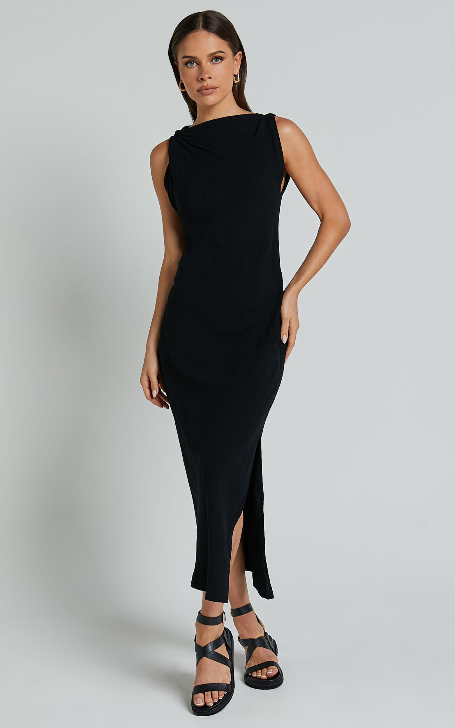 Jessenia Midi Dress - Linen High Neck Dress in Black Product Image