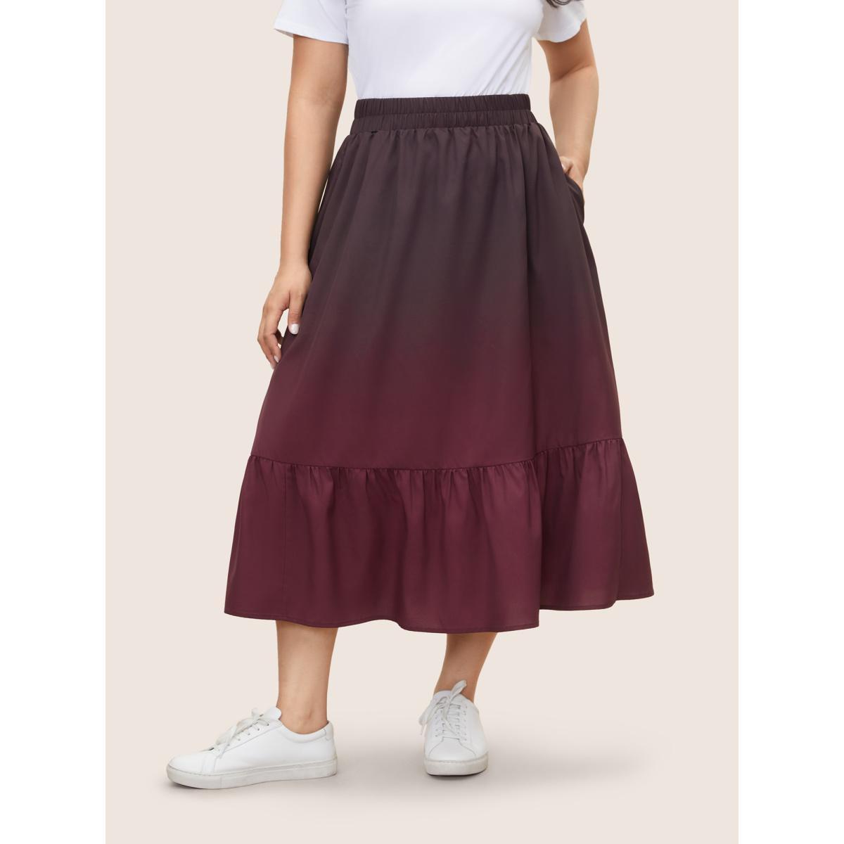 Plus Size Ombre Patchwork Ruffle Hem Pocket Skirt Women Eggplant Casual Patchwork No stretch Slanted pocket Everyday Skirts BloomChic 28/5X Product Image