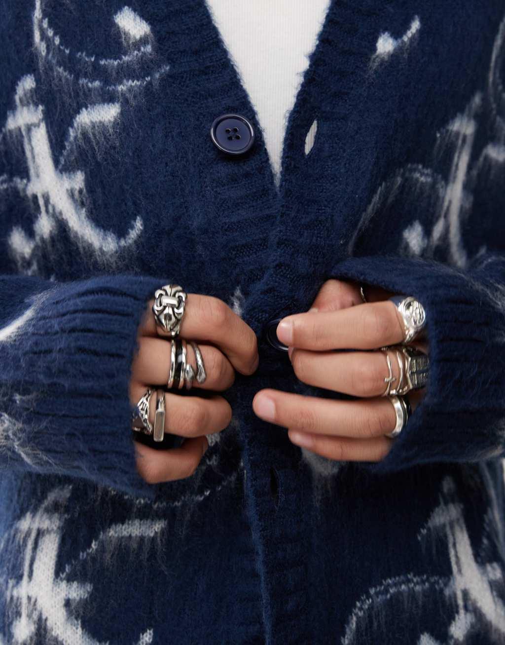 COLLUSION oversized fluffy logo knitted cardigan in blue Product Image