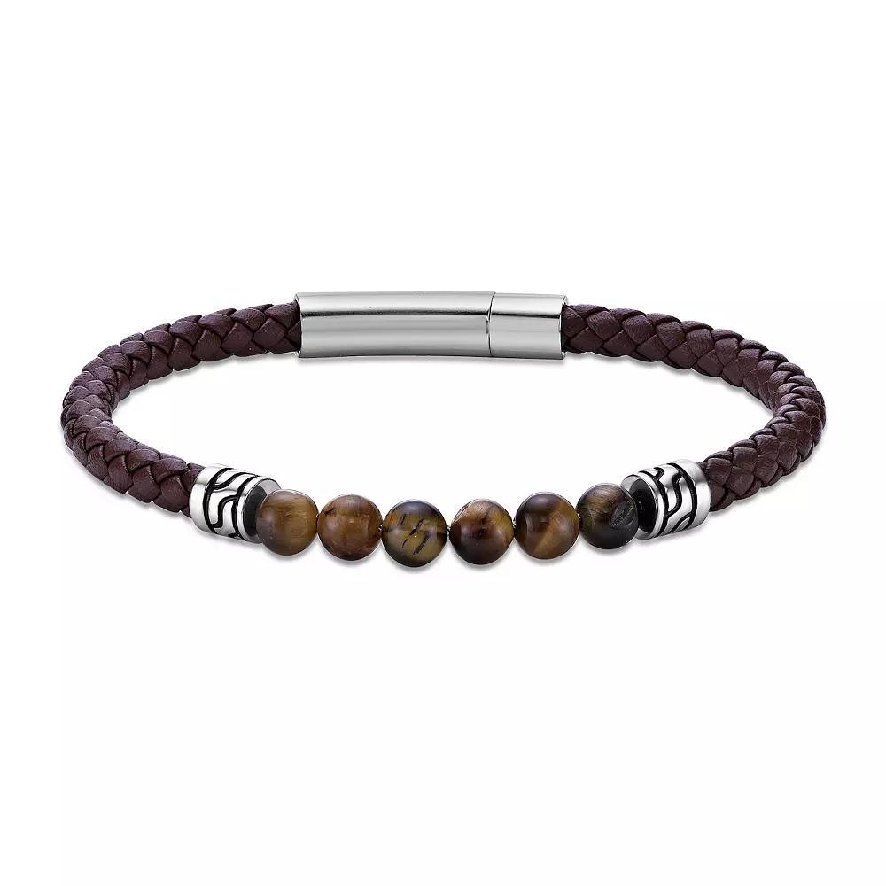 Men's LYNX Stainless Steel Stone Bead Leather Bracelet, Size: 8.5", Tiger Eye Product Image