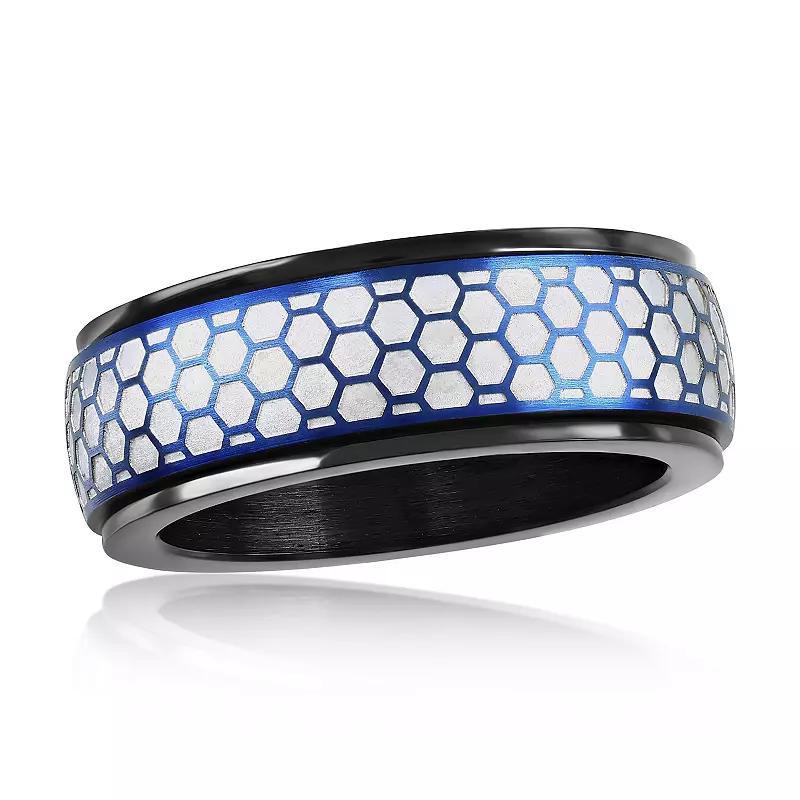 Mens Metallo Black-Plated Stainless Steel Honeycomb Spinner Ring Blue Stainless Product Image