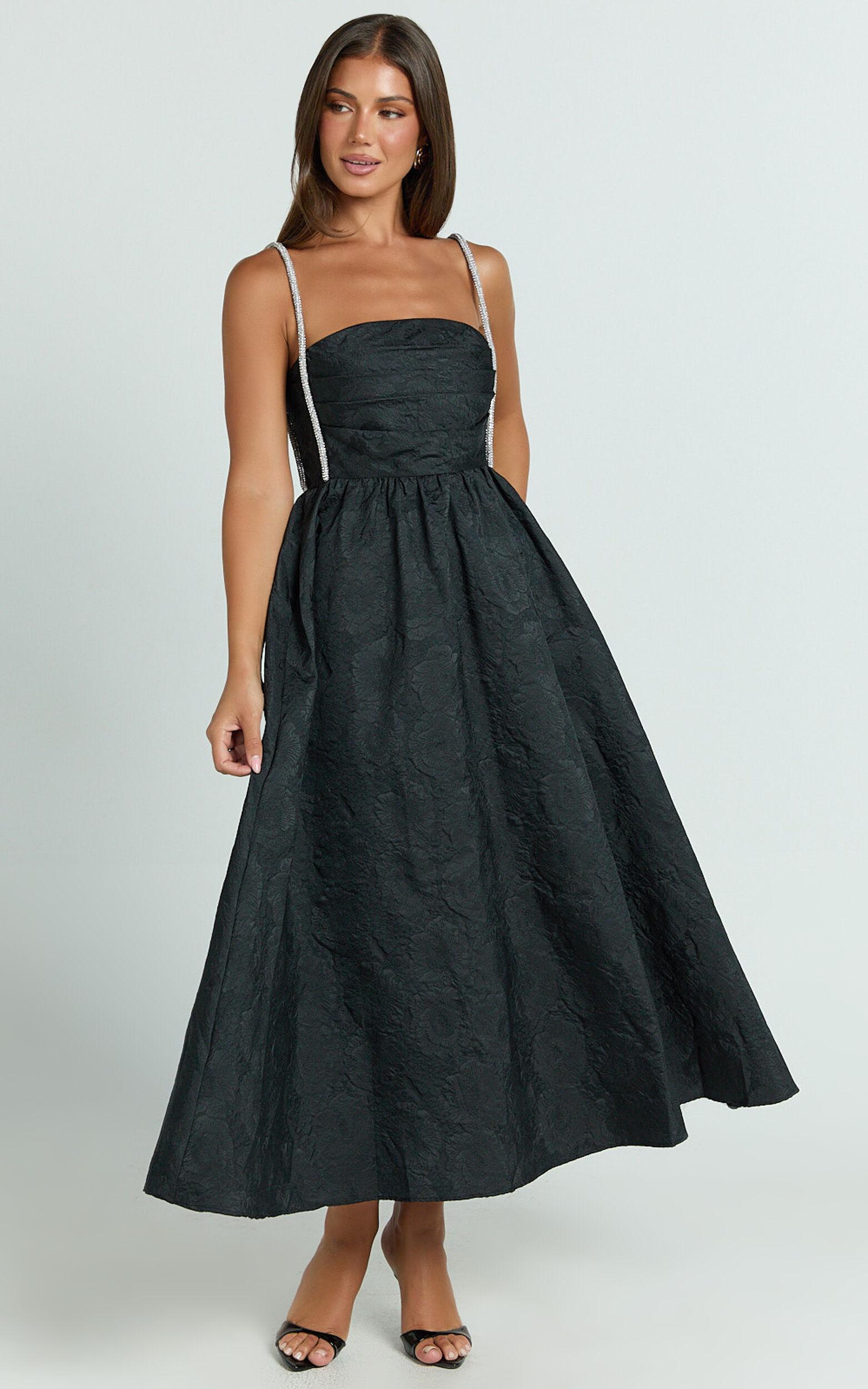 Alvia Midi Dress - Diamante Strap Ruched Straight Neck Dress in Black Product Image