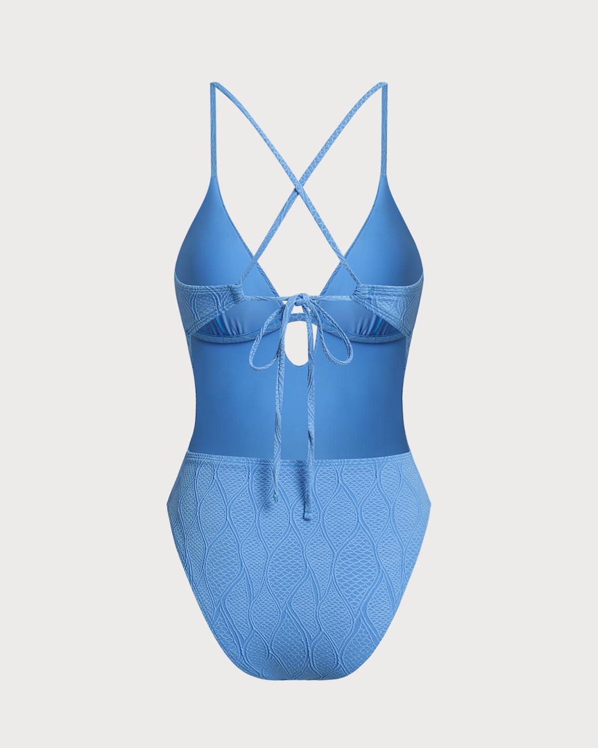Blue Textured Bralette One-Piece Swimsuit Product Image