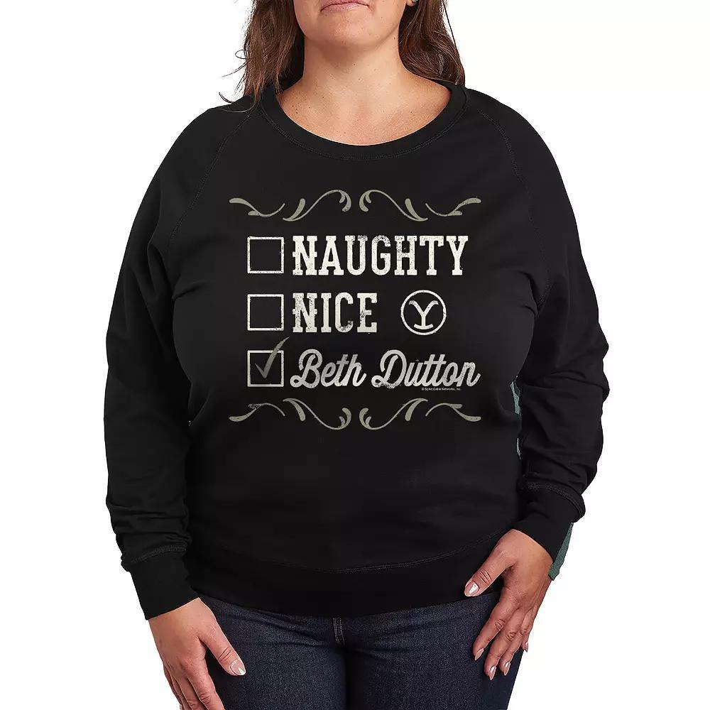 Plus Size Yellowstone Naughty Nice Beth Dutton French Terry Long Sleeve Tee, Womens Product Image