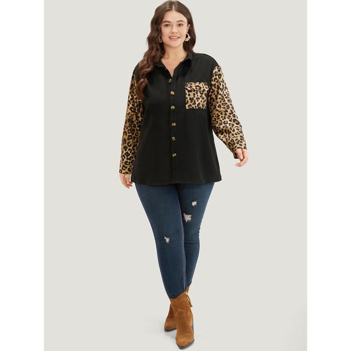 Plus Size Leopard Patchwork Contrast Button Up Coat Women Black Contrast Pocket Dailywear Jackets BloomChic 14-16/1X Product Image