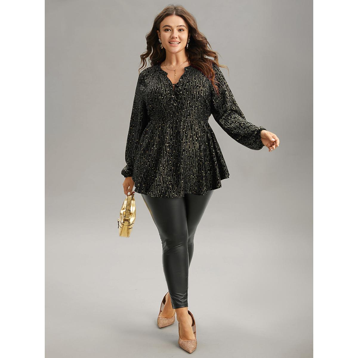 Plus Size Black Glitter Lantern Sleeve Elastic Waist Lace Up Blouse Women Cocktail Long Sleeve Tie Neck Party Blouses BloomChic 30/6X Product Image