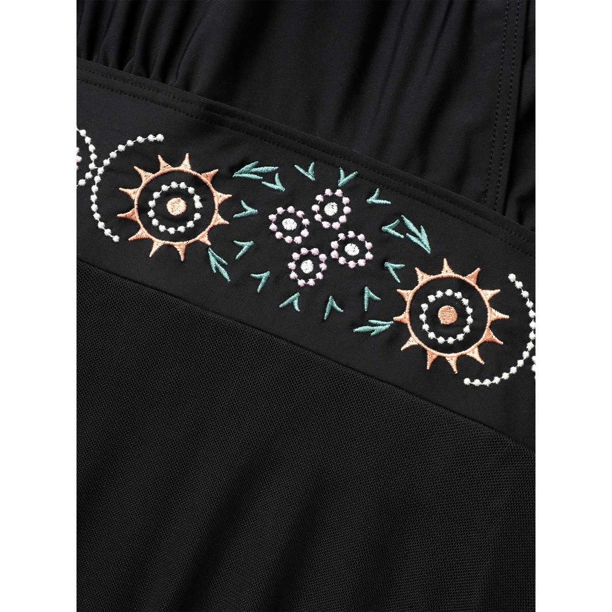Plus Size Embroidered Ruffle Hem One-Piece Swimsuit Women's Swimwear Black Beach Bodycon Overlap Collar High stretch Curve Swim Dresses BloomChic 14-16/1X Product Image
