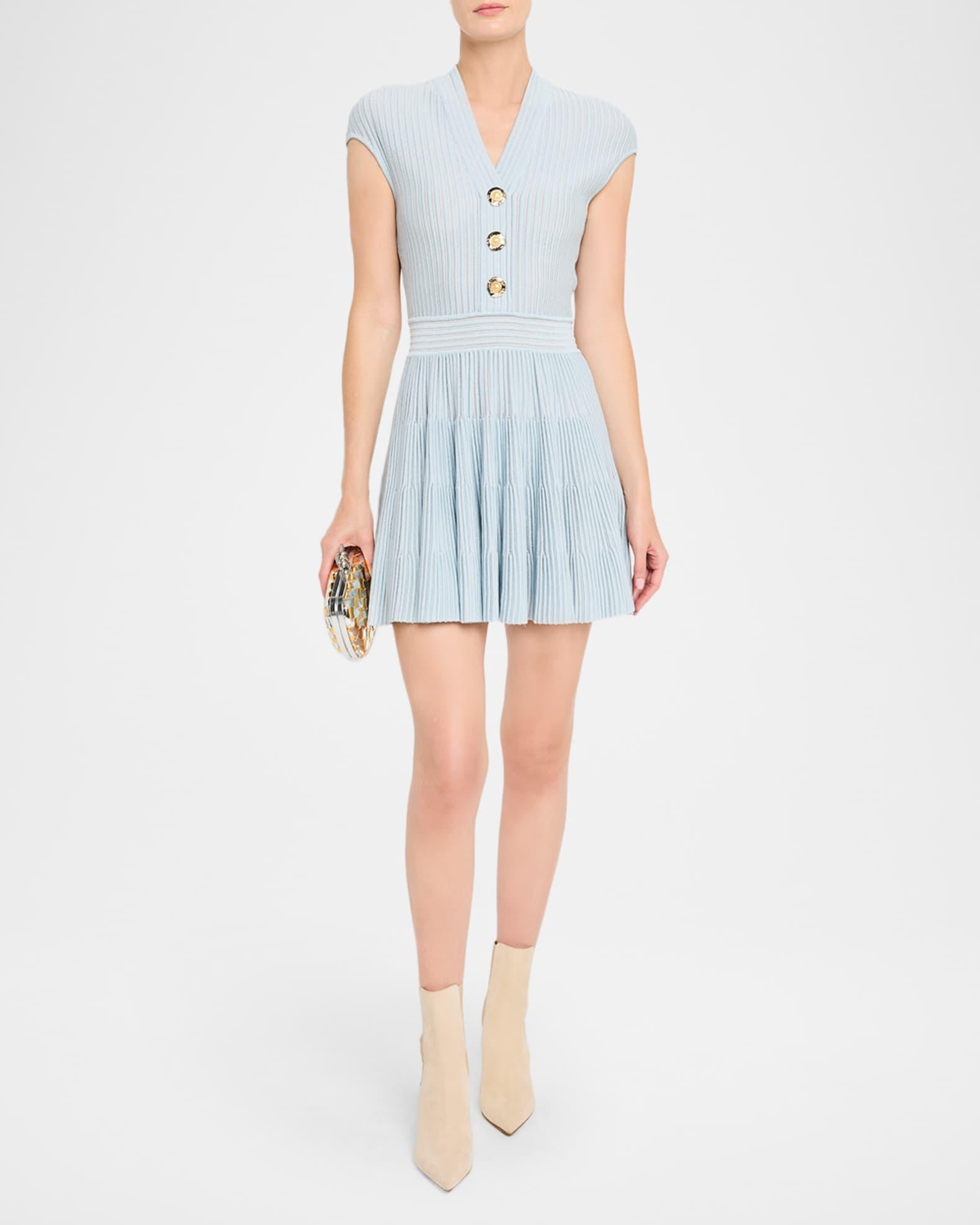 Short-Sleeve Flechage Knit Flare Mini Dress Product Image
