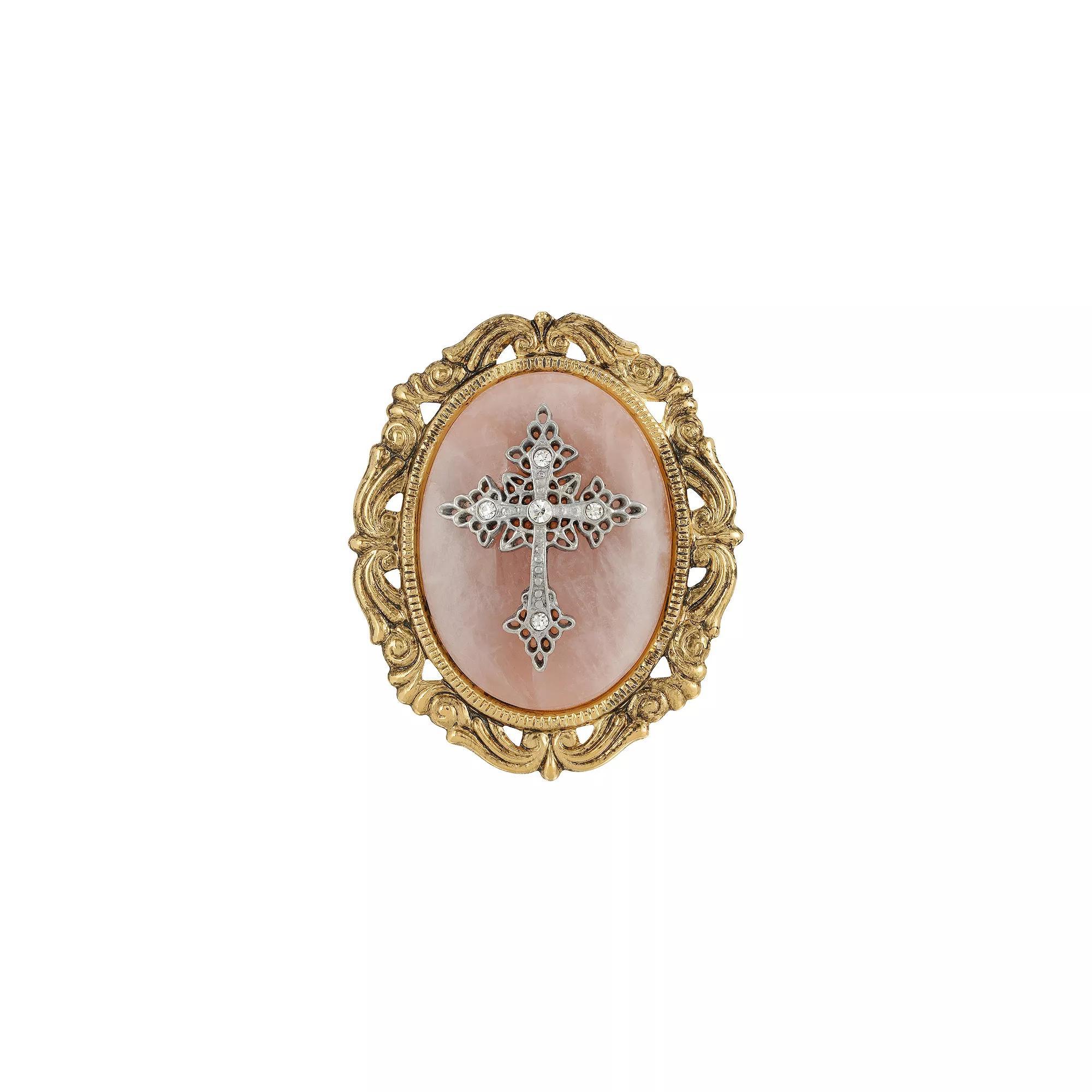 Symbols Of Faith Gold Tone Crystal Cameo Cross Brooch, Womens, Pink Product Image