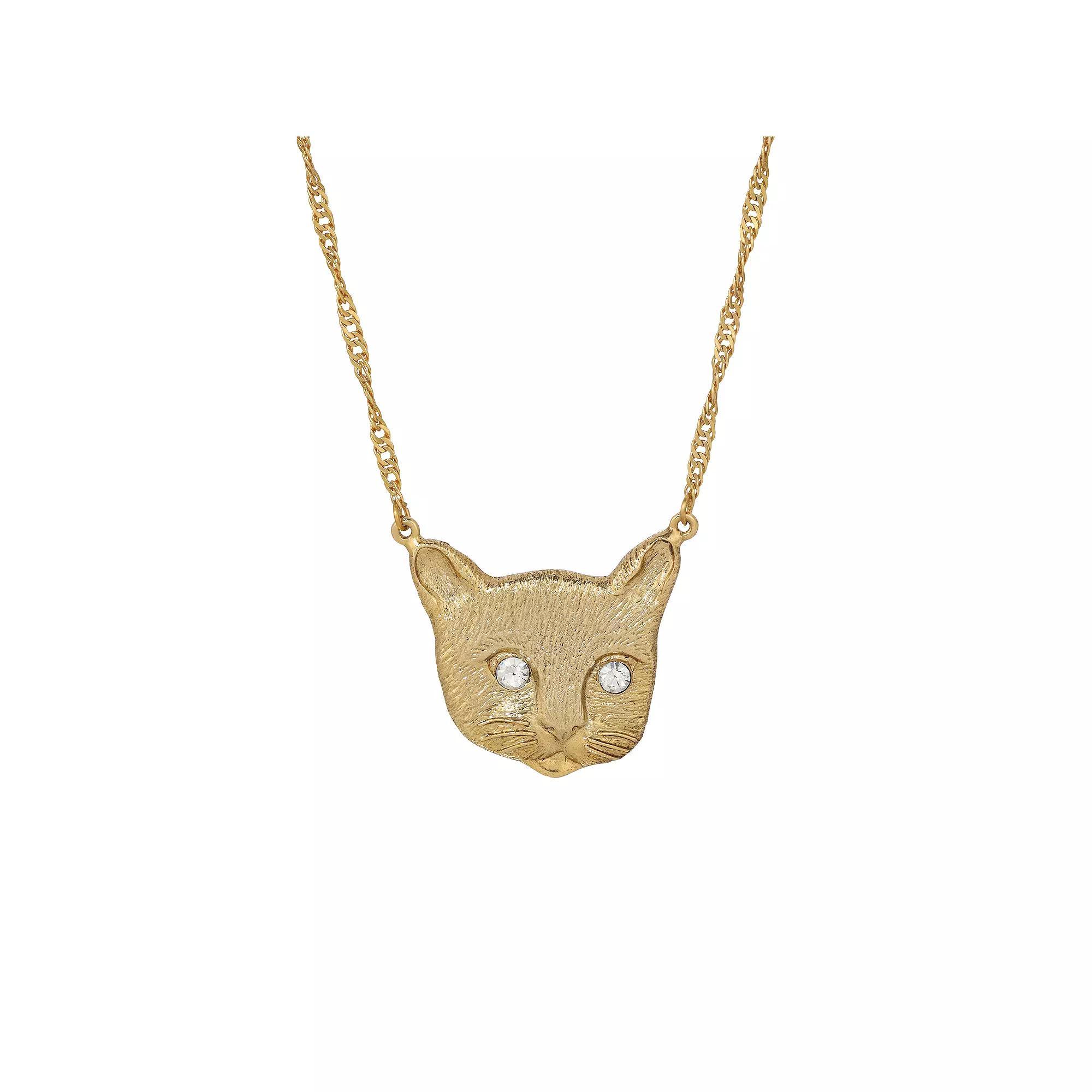 1928 Gold Tone Cat Face Crystal Glass Stone Pendant Necklace, Womens, Yellow Product Image