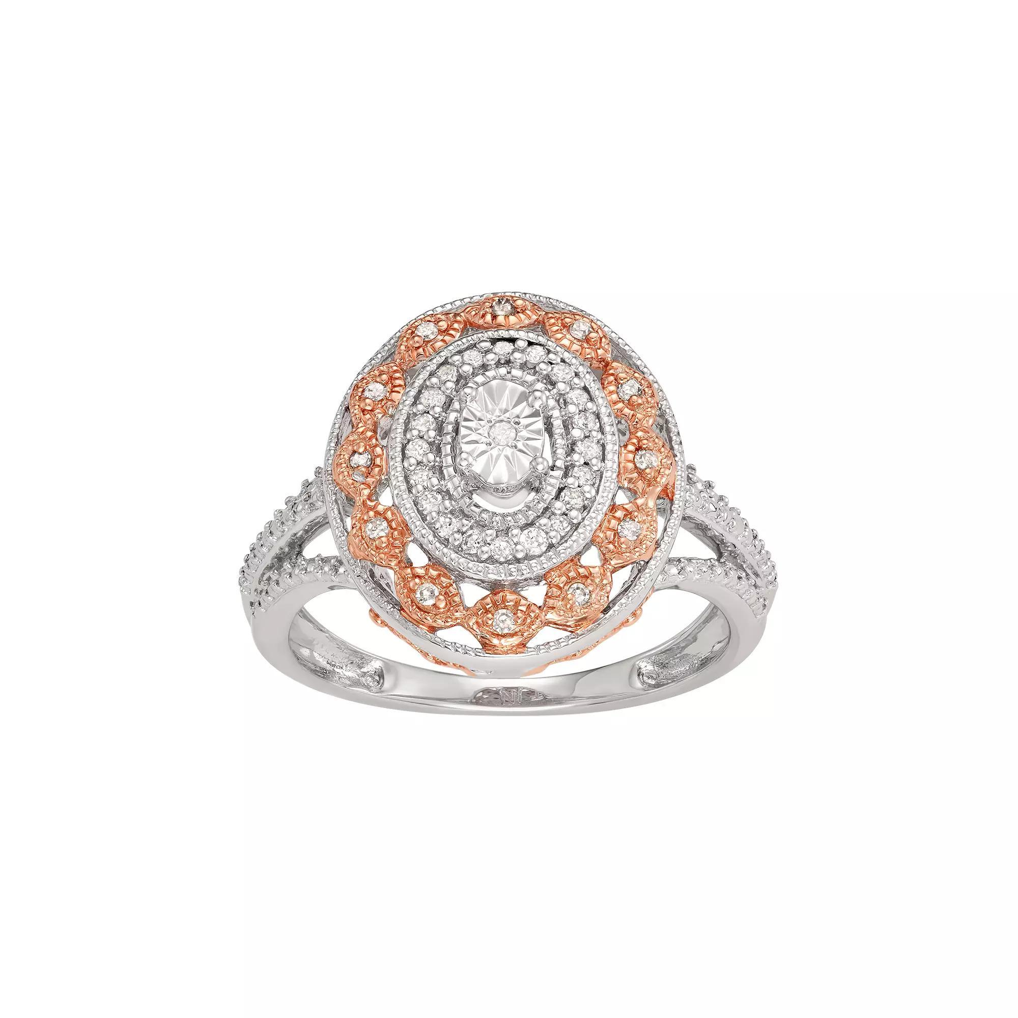 Two Tone Sterling Silver 1/6 Carat T.W. Diamond Halo Ring, Women's, Size: 8, Pink Tone Product Image